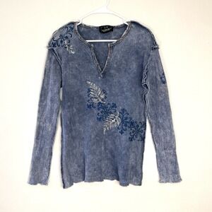 LA Artwear Waffle Knit Henley Shirt Rhinestone Y2K Artsy Grunge Blue One Size